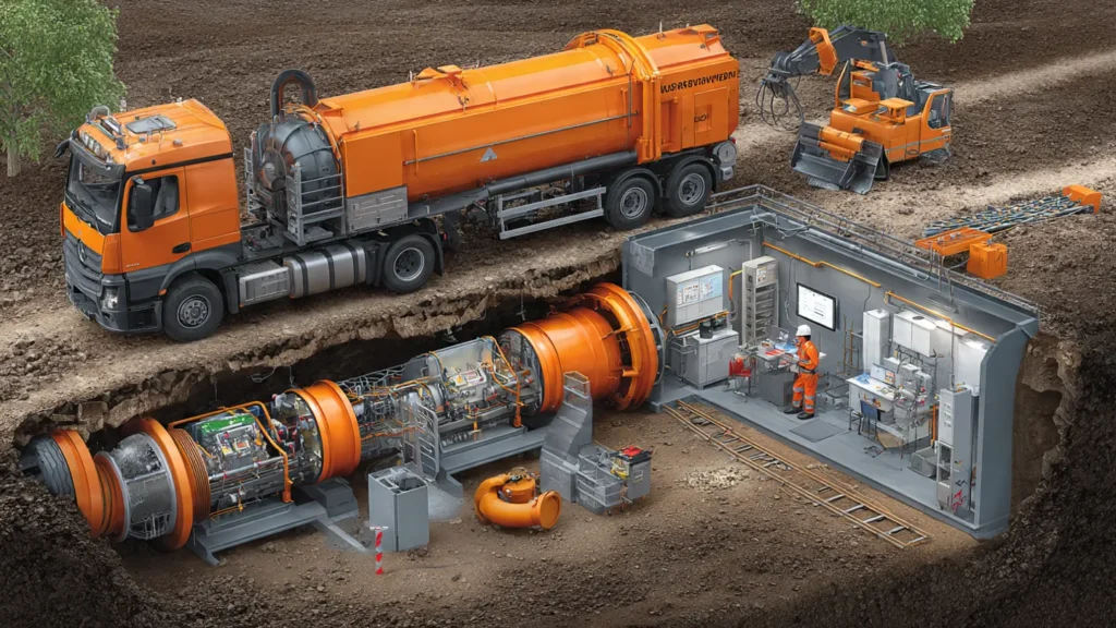 Trenchless plumbing technology with CIPP lining equipment, showcasing a specialized truck and underground machinery for efficient pipe repair in commercial settings.