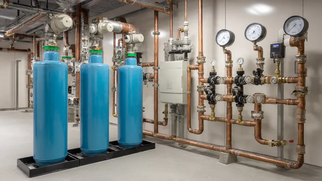 Commercial water treatment system with blue tanks and copper piping, showcasing plumbing infrastructure and gauges for efficient water management in Oklahoma City.
