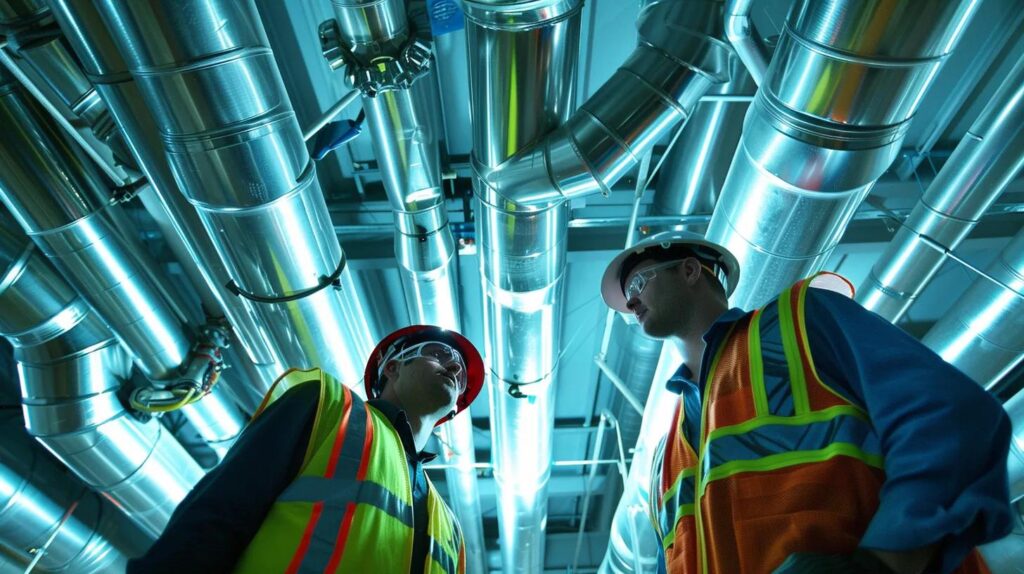 Two workers in safety gear inspecting metallic plumbing pipes in a commercial setting, emphasizing modern plumbing solutions relevant to trenchless pipe repair services in Oklahoma City.