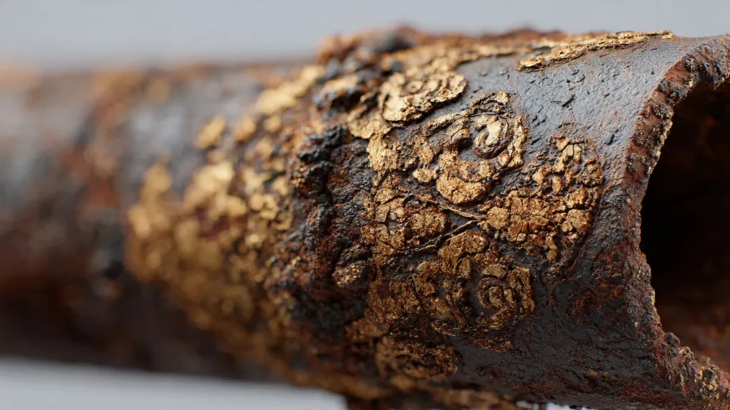 Close-up of a corroded iron pipe with scale buildup, highlighting plumbing issues caused by hard water in Oklahoma, relevant to commercial pipe repair and trenchless technology.