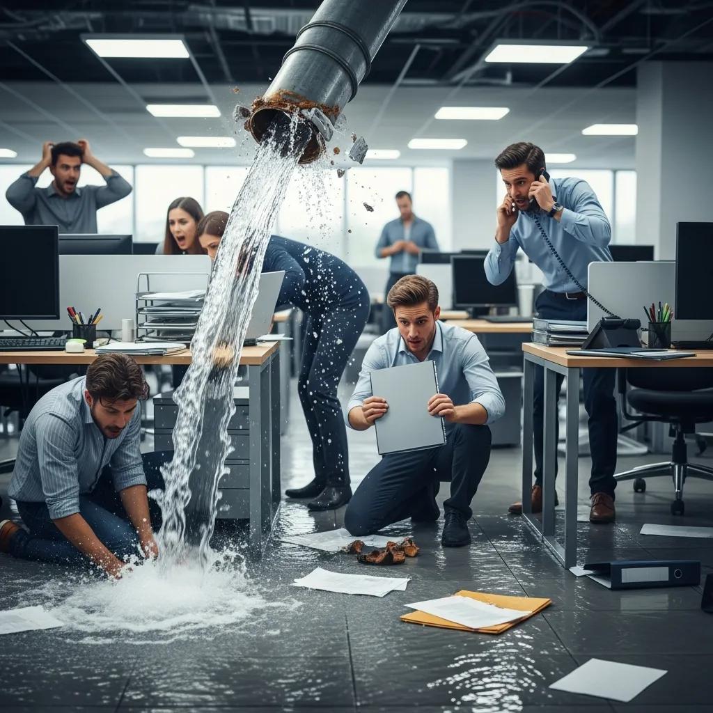 Burst pipe causing a plumbing emergency in a commercial office setting, with employees reacting to the flooding and damage, illustrating the urgent need for immediate repairs and preventative maintenance.