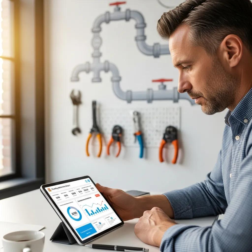 Business manager reviewing plumbing maintenance reports and cost savings