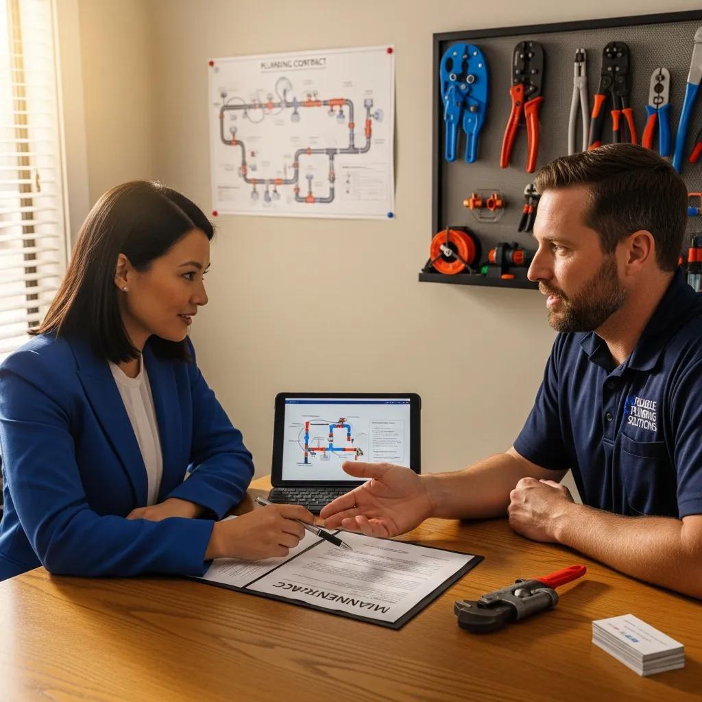 Business owner reviewing plumbing service options with a contractor in an office