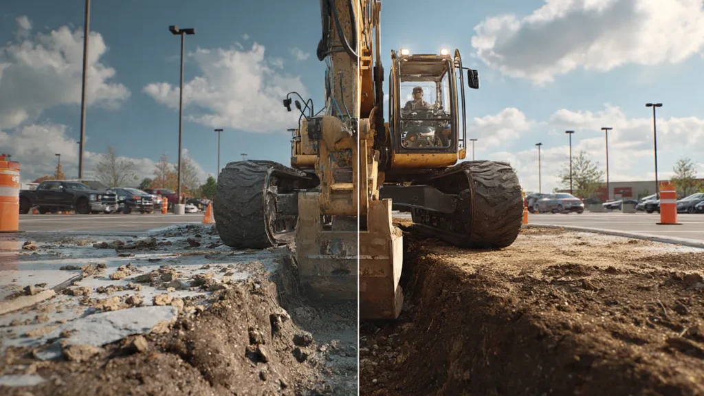 Excavator digging in a parking lot, showcasing trench preparation for no-dig plumbing solutions, emphasizing efficiency in commercial plumbing repairs.