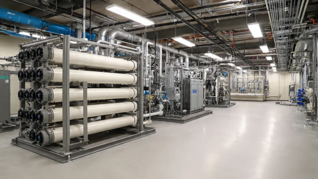 Commercial reverse osmosis water system with multiple filtration units in a modern facility, highlighting advanced water treatment technology for high-quality water supply.