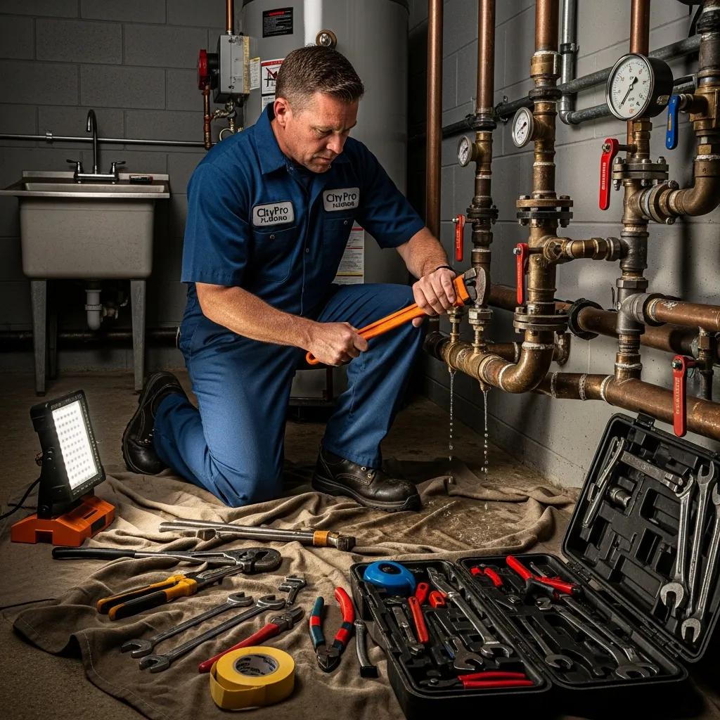 Commercial plumber repairing pipes in a business setting, surrounded by tools and a work light, emphasizing the importance of professional plumbing services for facility managers and business owners.