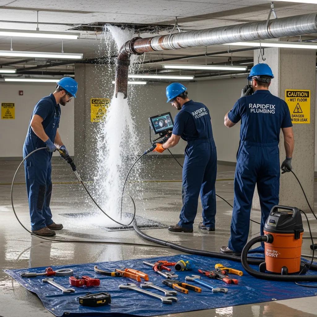 Emergency plumbing team addressing a plumbing crisis in a commercial setting