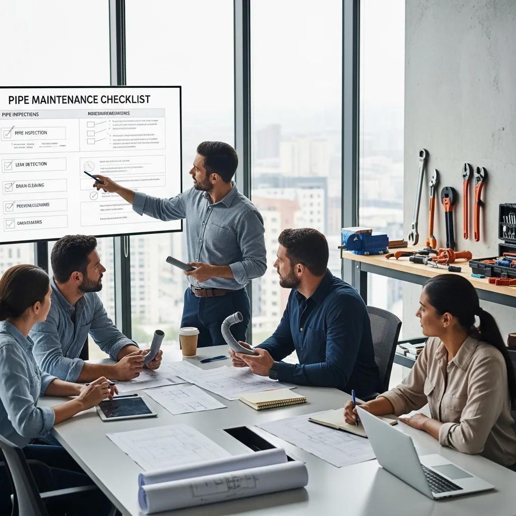 Facility managers discussing plumbing maintenance strategies, reviewing a pipe maintenance checklist on a screen, with plumbing tools and plans on the table in a modern office setting.