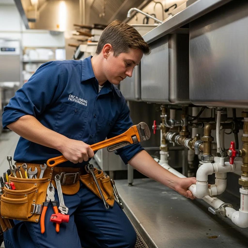 Professional commercial plumber working on plumbing systems in a business setting