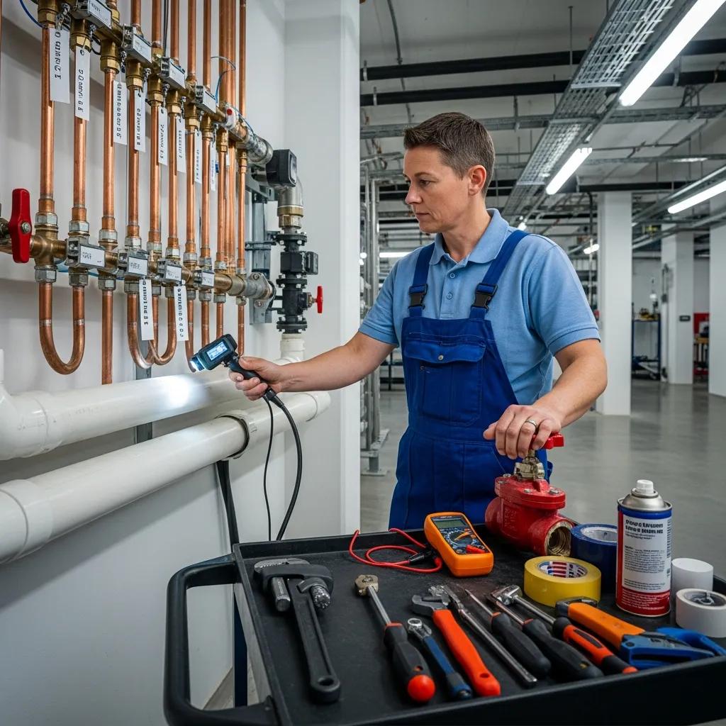 Professional plumber inspecting commercial plumbing systems in a business facility