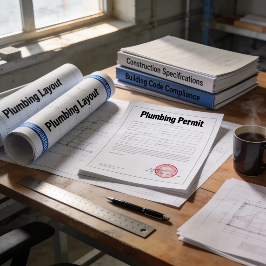 Construction documents and plumbing permits displayed in an organized layout, emphasizing the application process for Oklahoma City plumbing regulations.