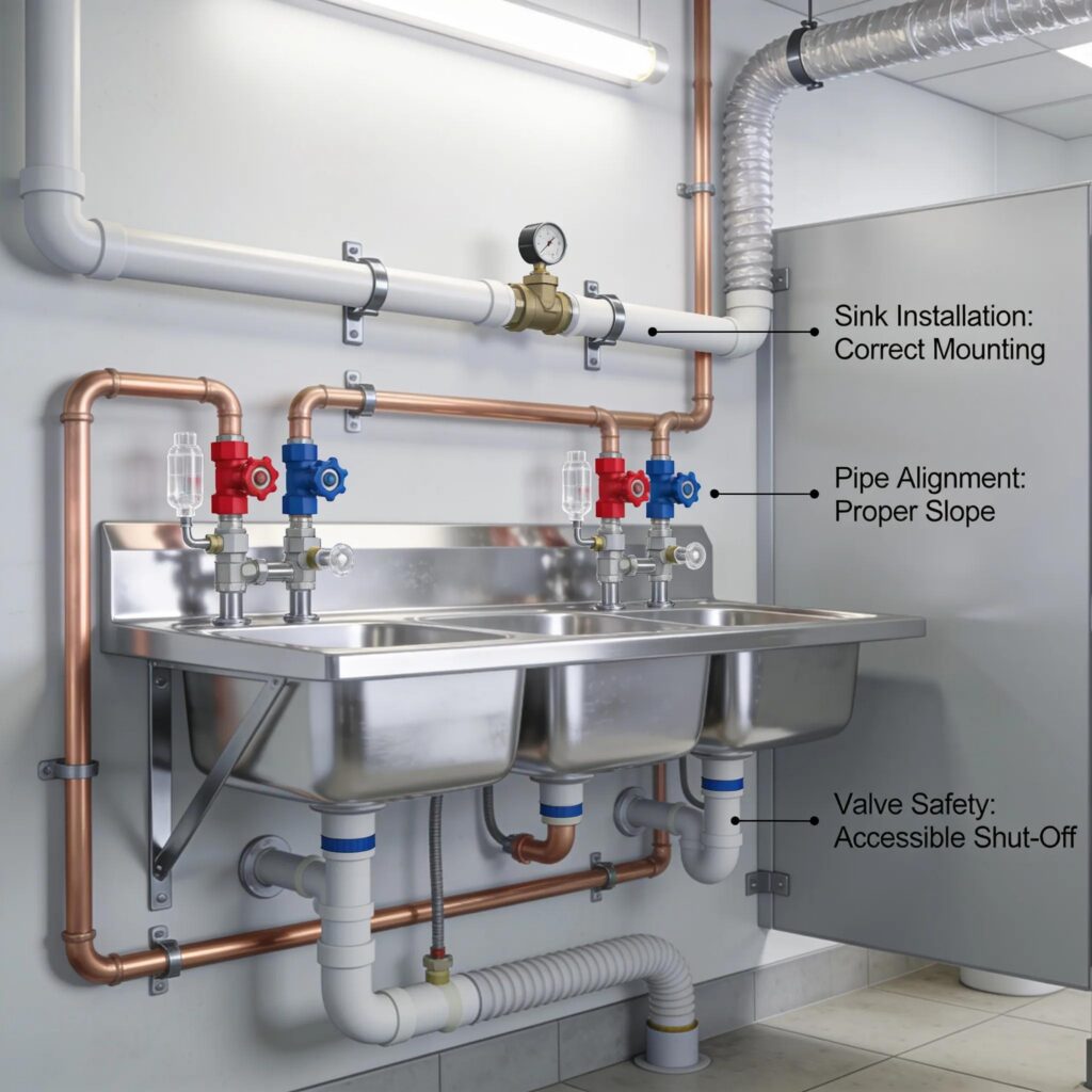 Installation of essential plumbing fixtures in a commercial building, showing adherence to plumbing code requirements.