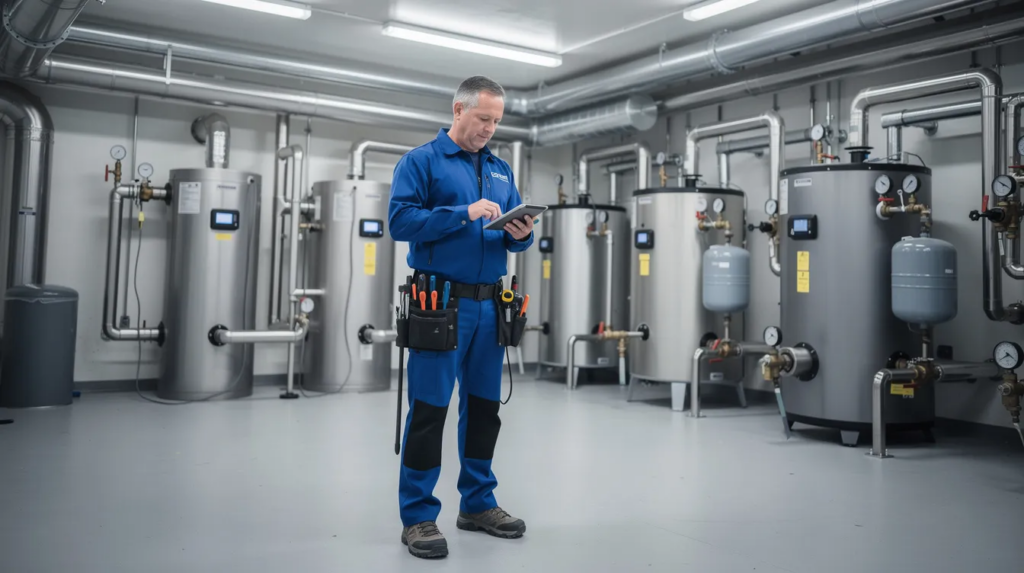 A professional master plumber in neat blue work clothing operates modern equipment in a bright, high-tech commercial mechanical room, surrounded by clean stainless steel pipes and industrial water heaters. The image captures the expert technician engaged in essential plumbing services, highlighting the importance of dependable commercial plumbing systems for businesses.