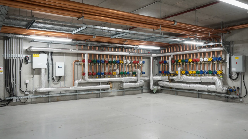 The image showcases a large commercial building's utility basement, featuring an intricate layout of copper and steel water pipes running along the ceiling, complemented by color-coded valves and clean insulation. The bright lighting enhances the professional environment, highlighting the complexity of the plumbing systems essential for efficient commercial plumbing services.