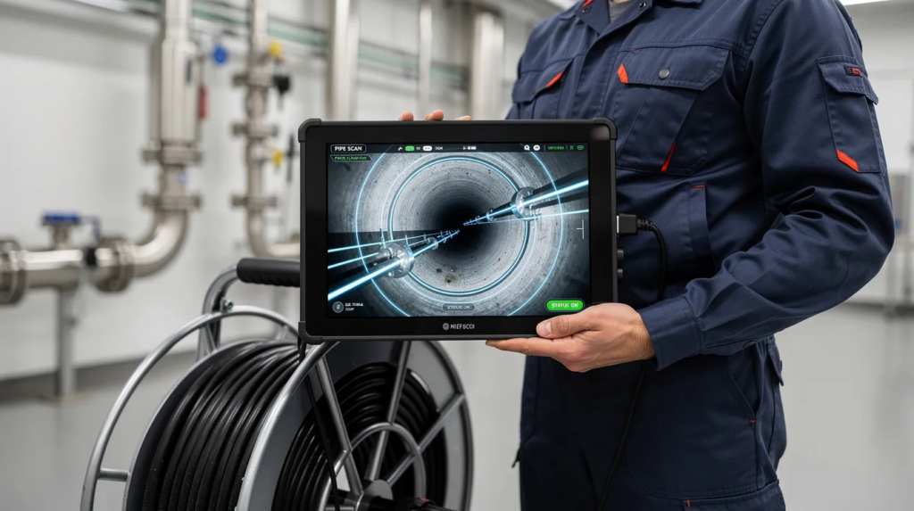 A close-up view of a licensed commercial plumber using a high-definition sewer inspection camera to assess a drain pipe within a modern facility, with the digital screen clearly displaying diagnostic details. This image highlights the importance of dependable commercial plumbing services in diagnosing and maintaining plumbing systems in commercial properties.