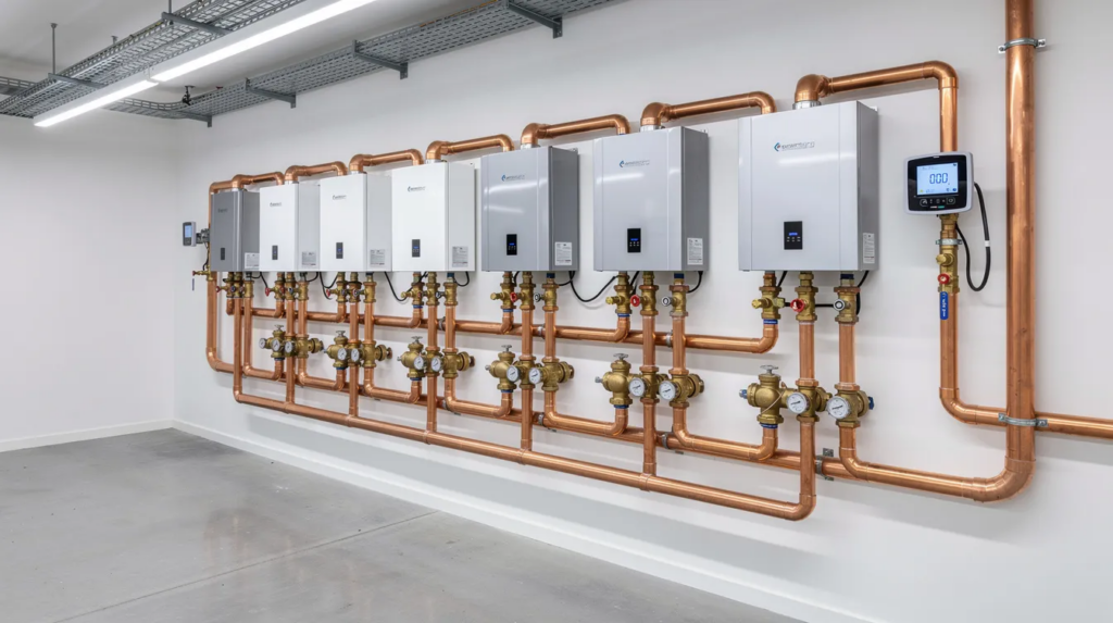 The image depicts a clean and modern mechanical room featuring high-capacity commercial tankless water heaters mounted on the wall, surrounded by pristine copper piping and backflow preventers. Digital pressure monitoring gauges are also visible, emphasizing the efficiency and reliability of the plumbing systems in commercial properties.