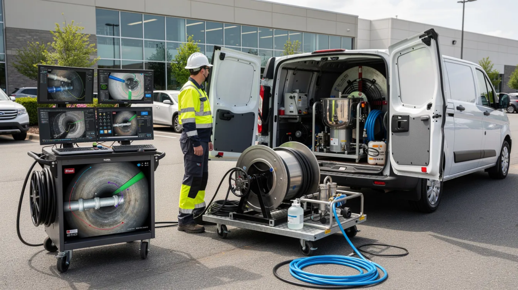 The image depicts a trenchless pipe lining cured-in-place epoxy lining equipment setup located near a commercial property parking lot, showcasing high-tech diagnostic monitors that present a clear sewer camera inspection feed. This advanced equipment is essential for maintaining plumbing systems and addressing urgent plumbing issues in commercial buildings.