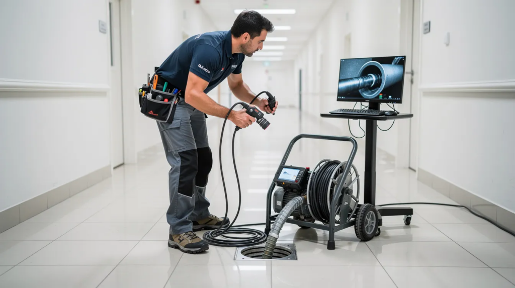 A commercial plumbing technician is seen in a modern building hallway, skillfully operating a high-tech video inspection camera alongside a motorized drain cleaning unit. The scene highlights clean equipment and professional attire, emphasizing the importance of reliable commercial plumbing services in maintaining efficient plumbing systems.
