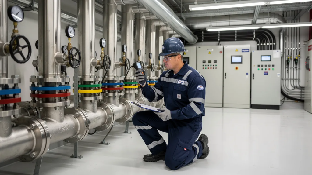 A licensed commercial plumber in a clean work uniform is inspecting heavy-duty industrial piping and valve assemblies in a brightly lit commercial utility room. The image captures the professional's focus on maintaining plumbing systems, showcasing the importance of reliable commercial plumbing services in ensuring safe and efficient operations within commercial properties.
