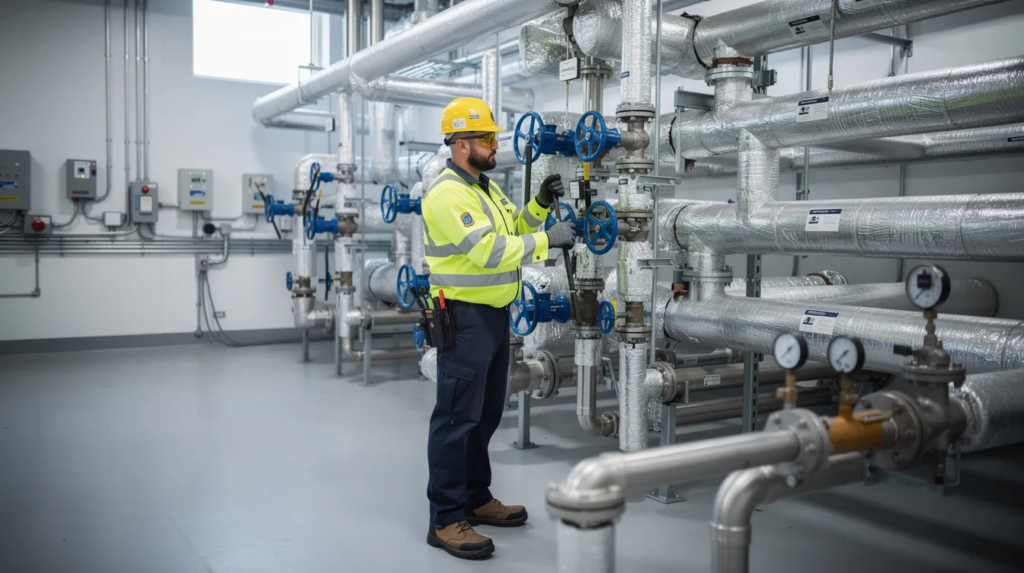A professional commercial plumbing technician in high-visibility safety gear inspects a complex plumbing system inside a modern industrial mechanical room, showcasing sharp details and natural lighting. This scene highlights the importance of routine maintenance and reliable commercial plumbing services in ensuring efficient operations within commercial properties.