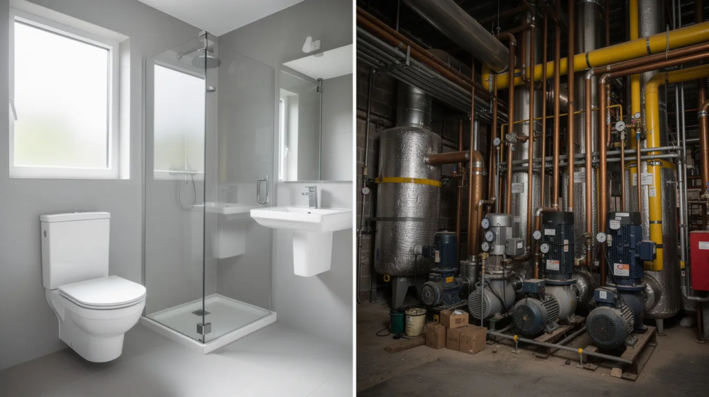 The image presents a side-by-side comparison of plumbing systems, showcasing modern residential bathroom fixtures on the left and a complex commercial boiler room on the right, featuring large industrial copper pipes, booster pumps, and extensive venting systems essential for commercial plumbing services. This visual highlights the scale and intricacy of plumbing needs in both residential and commercial properties.
