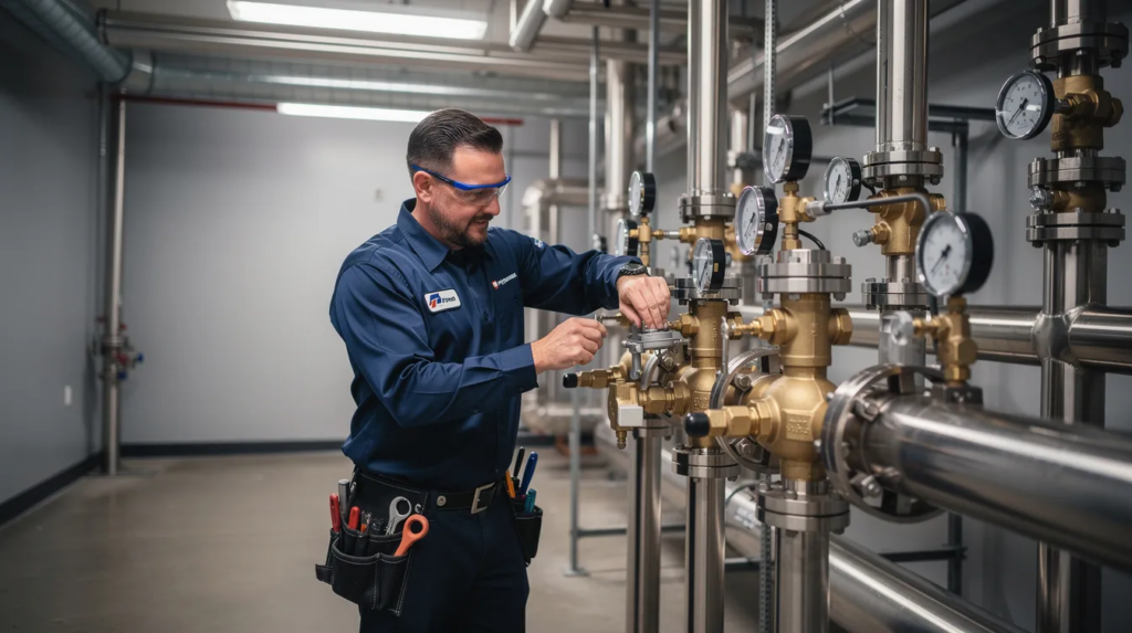 A licensed commercial plumber in a clean work uniform inspects heavy-duty industrial mechanical piping in a modern utility room in Oklahoma City, focusing on brass valves and pressure gauges. The image captures a professional atmosphere, highlighting the importance of reliable commercial plumbing services for maintaining complex plumbing systems in commercial properties.