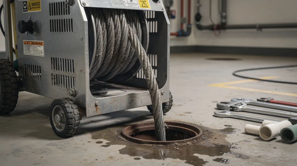 A close-up view of a heavy-duty motorized commercial plumbing snake machine, featuring thick steel cables, is positioned on the floor of a commercial utility room beside a main cleanout drain. This image highlights the detailed texture of the metal machinery, showcasing essential tools for reliable commercial plumbing services.