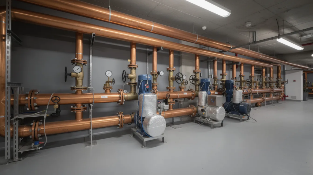 The image depicts a spacious mechanical room within a modern commercial building, showcasing large copper water pipes, industrial pressure valves, and advanced water circulation systems. The clean and professional layout highlights the intricate plumbing systems essential for maintaining reliable commercial plumbing services.