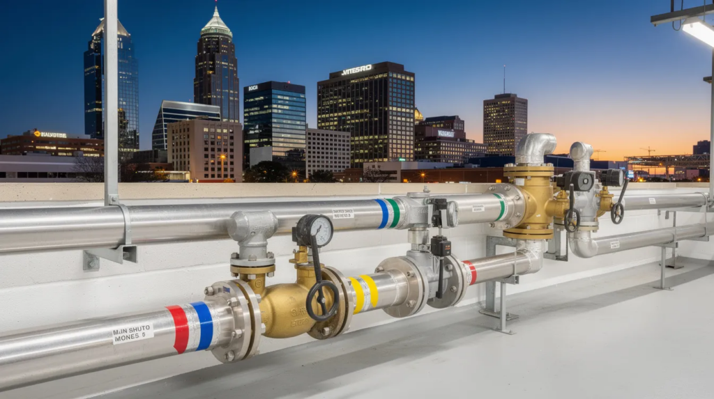 The image features a wide shot of the modern Oklahoma City downtown skyline, seamlessly transitioning into a close-up view of heavy-duty industrial water supply lines and main shutoff valves within a commercial facility. This realistic photograph highlights the essential plumbing systems that support commercial properties, showcasing the reliability and expertise of licensed commercial plumbers in maintaining efficient operations.