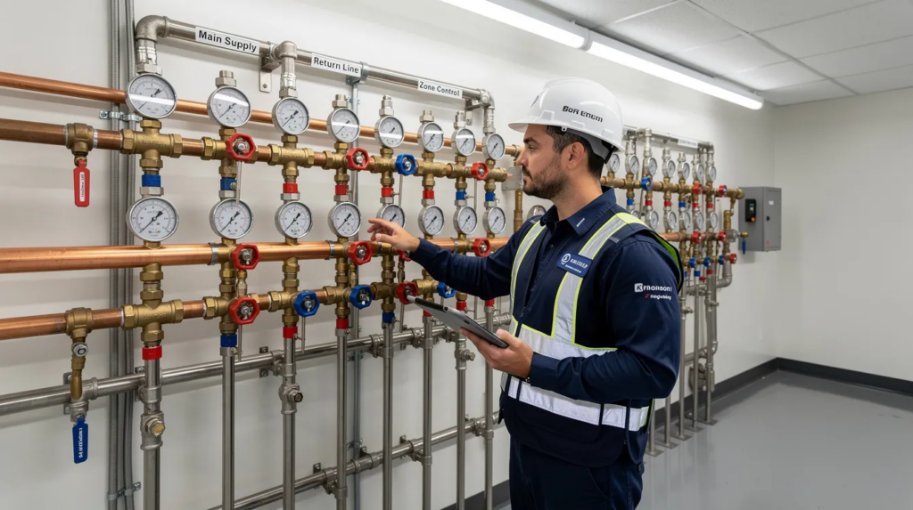 A professional commercial plumber in a clean uniform and hard hat is inspecting a large-scale commercial water system manifold, featuring copper and stainless steel pipes, pressure gauges, and valves in a modern utility room of an Oklahoma City commercial building. The image captures the plumber's expertise in maintaining reliable commercial plumbing systems, ensuring efficiency and safety for the plumbing needs of the property.