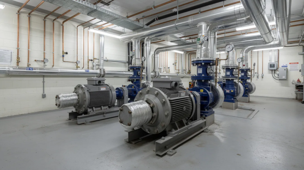 The image showcases a detailed view of a commercial building's mechanical utility room, featuring complex plumbing systems, including massive water pressure booster pumps, blue backflow preventer valves, and copper supply lines. This setup highlights the essential components of reliable commercial plumbing services that ensure efficient operations in large industrial facilities.