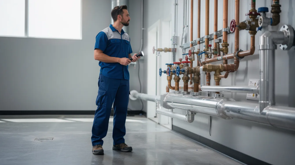 A professional plumbing technician in blue and white workwear is inspecting clean, exposed pipes in a commercial building in Oklahoma City. The image showcases the technician's attention to detail, highlighting the importance of plumbing services in maintaining a functional plumbing system.