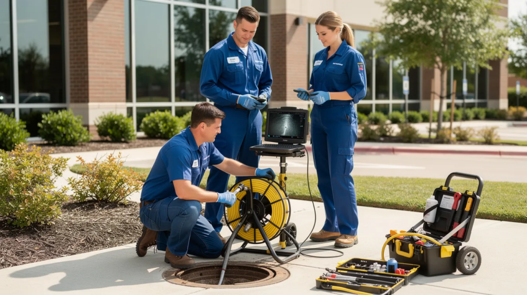 A commercial plumbing crew, dressed in professional blue uniforms, is inspecting a sewer line using a camera near a clean building in Oklahoma City. The technicians are focused on their work, showcasing their expertise in plumbing services and sewer line services.